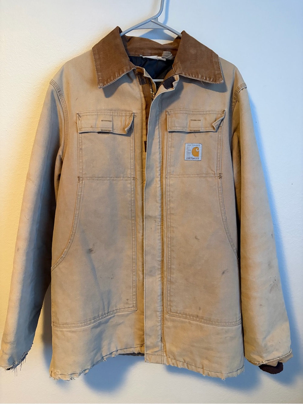 100 Year Carhartt Men’s Tan Brown Canvas Work Jacket Corduroy Collar Distressed